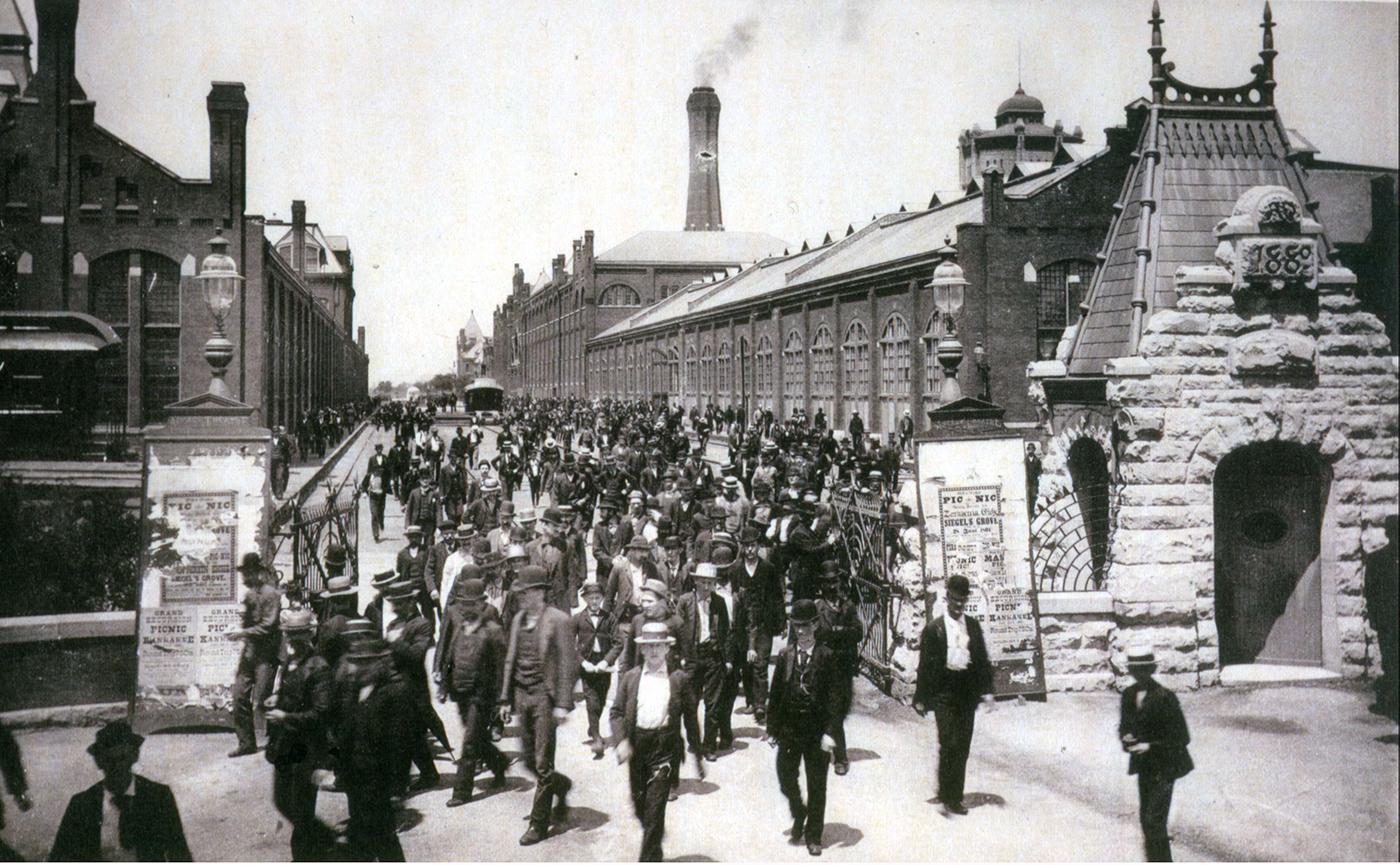 Workers on strike leave the Pullman Factory